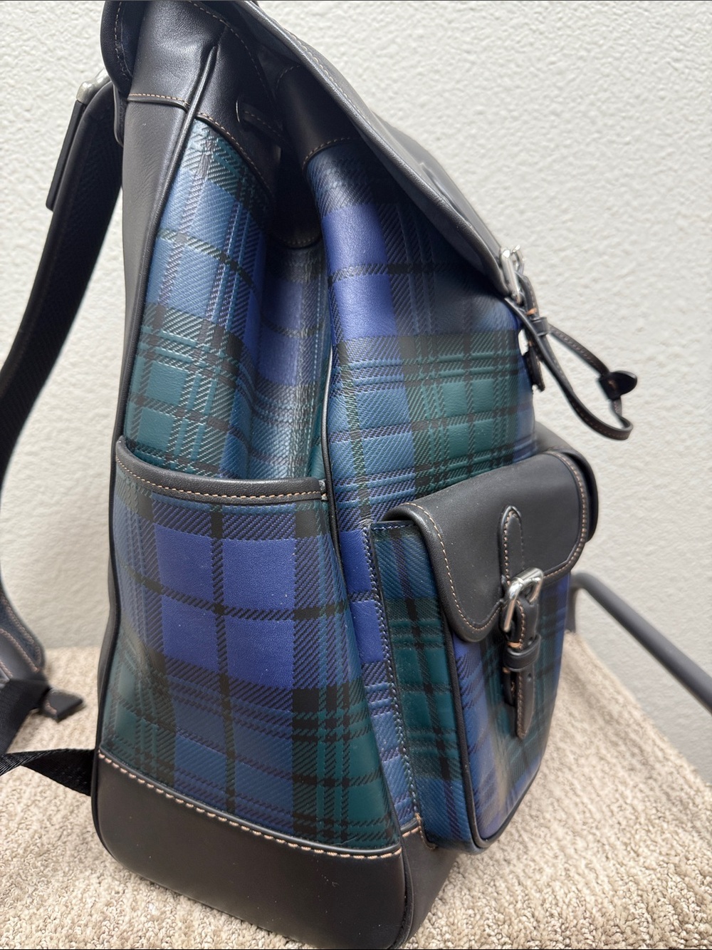 Coach Frankie Black Leather Trim Green and Navy Plaid Backpack - Picture 4 of 14